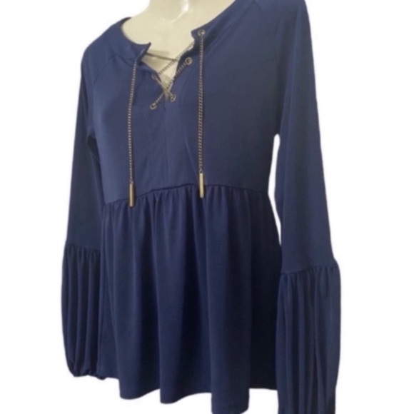 MICHAEL, Michael Kors Designer Women’s Navy Blue Gold Chain Lace-Up Blouse XS - Picture 8 of 11